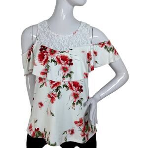 Joe Boxer blouse Size Small White and Red Floral Print Lace Yolk Short Sleeve
